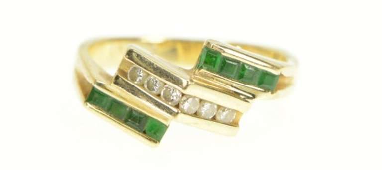 14K Yellow Gold Diamond Emerald Squared Slant Bypass Ring