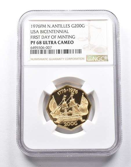 PF68UCAM 1976 FM Netherland Antilles 200 Gulden Gold USA 1st Day NGC
