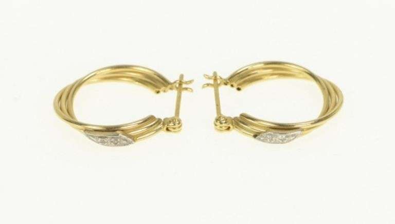 14K Yellow Gold Diamond Twist Design Vintage Statement Hoop Earrings