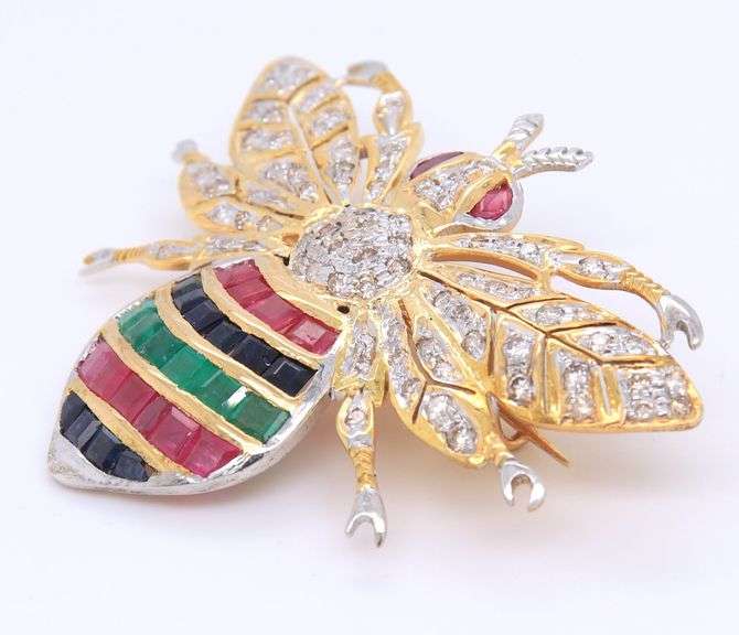 Dynamic Yellow Gold Multi Gemstone and Diamond Bee Brooch