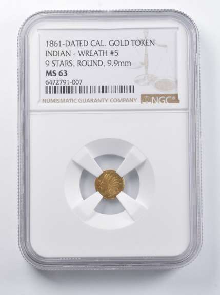 MS63 1861-Dated Indian Head CA Gold Token Wreath #5 9.9mm 9 Stars NGC