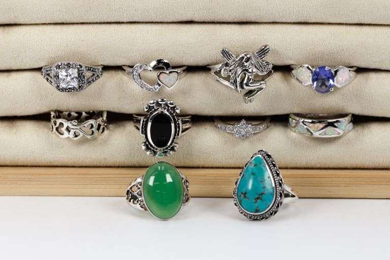 Sterling Silver Curated Ring Assortment Various Sizes & Styles (10 Ring Lot)