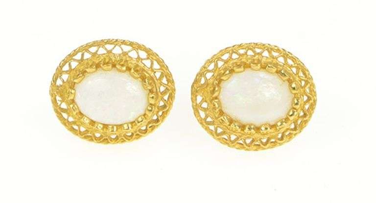 14K Yellow Gold Oval Natural Opal Ornate Filigree Halo Stud Earrings