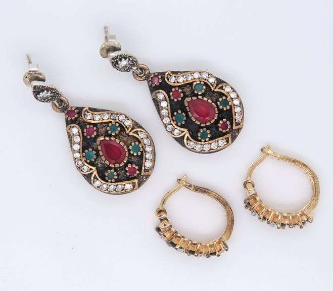 Lot of 2 Vintage 925 Sterling Silver Gemstone Dangle Earrings