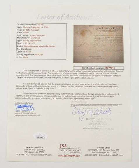 1792 John Hancock Signed Military Appointment Moses Sergeant Moody LOA