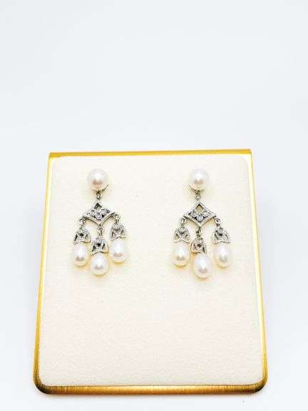 18KT SOLID WHITE GOLD, PEARL AND DIAMOND EARRINGS