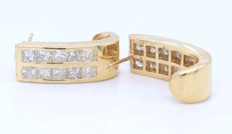 Handsome Yellow Gold Double Row Diamond J Hoop Earrings
