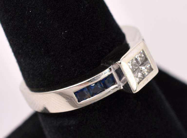 Stunning Diamond And Blue Sapphire Ring In 14K White Gold