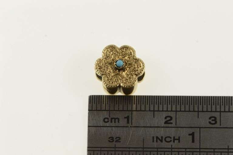 14K Yellow Gold Ornate Turquoise Flower Slide Bracelet Charm/Pendant