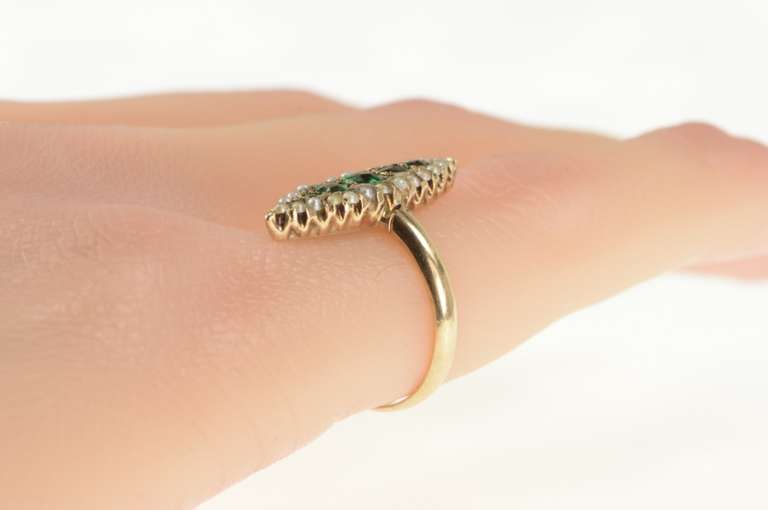 14K Yellow Gold Victorian Marquise Emerald Seed Pearl Navette Ring
