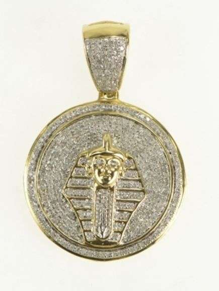 10K Yellow Gold Pave Diamond Pharaoh Egyptian Medallion Charm/Pendant