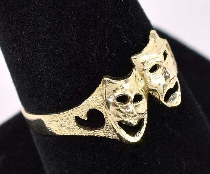Happy And Sad Theater Mask Ring In Yellow Gold