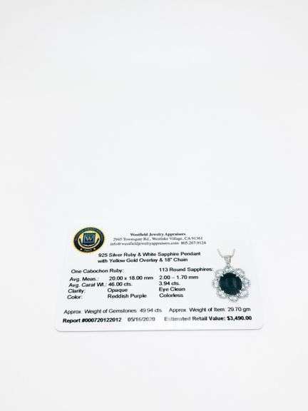 Ravishing 46.00CTS Cabochon-Cut Star Ruby & 3.94CTW White Sapphire Pendant Necklace in Gold Plated Sterling Sliver