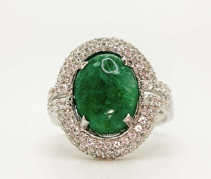 Darling 6.0+ Carat Cabochon-Cut Natural Emerald & White Sapphire Sterling Sliver ring