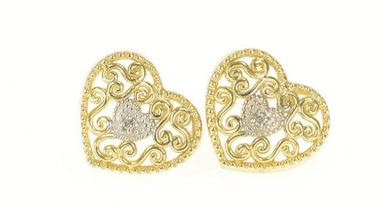 10K Yellow Gold Diamond Inset Heart Filigree Love Symbol Earrings