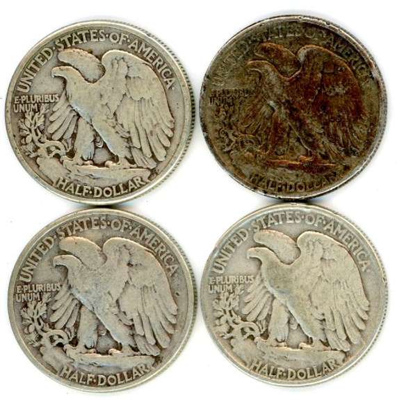 Four Different Walking Liberty Silver Half Dollars: 1941-1945