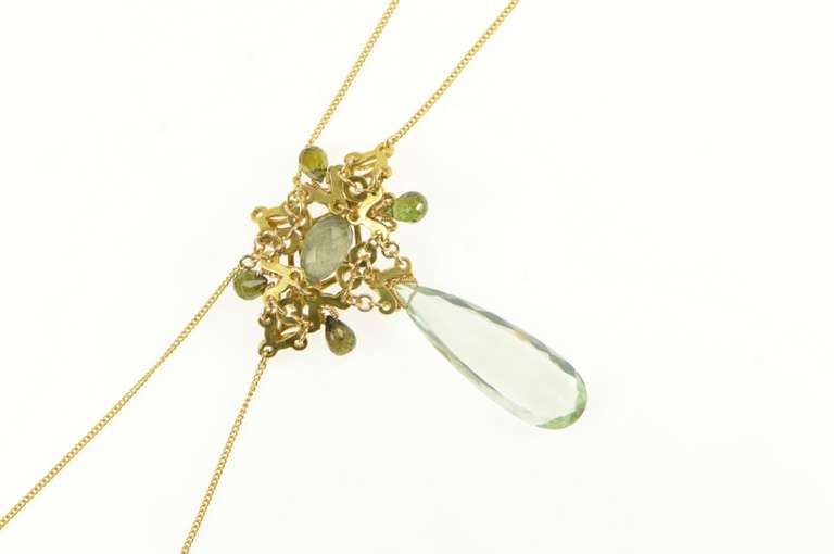 18K Yellow Gold 1940's Ornate Prasiolite Quartz Drop Necklace