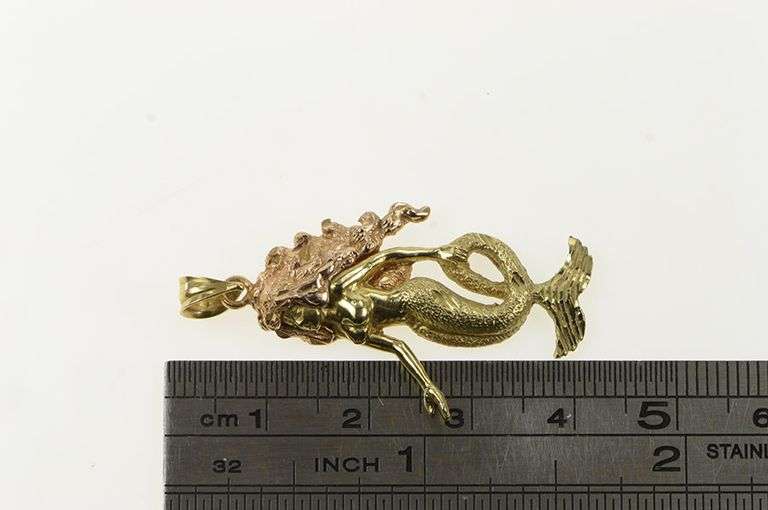 14K Yellow Gold Two Tone Mermaid Mystical Ocean Siren Pendant