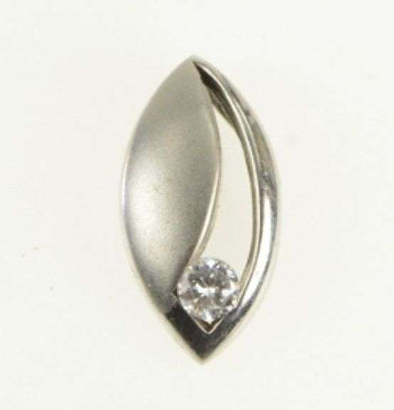 14K White Gold Satin Finish Geometric CZ Vintage Navette Charm/Pendant