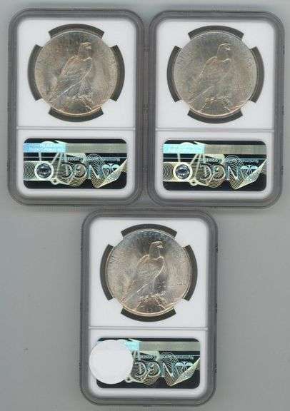 3 Diff virtual Gem BU Peace Silver Dollars. NGC MS64+