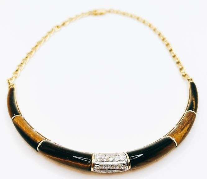 Dark Intimidating Cabochon Natural Tiger's Eye 18k Gold Diamond Mariner Chain Necklace