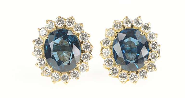 14K Yellow Gold Oval London Blue Topaz Halo Statement Stud Earrings