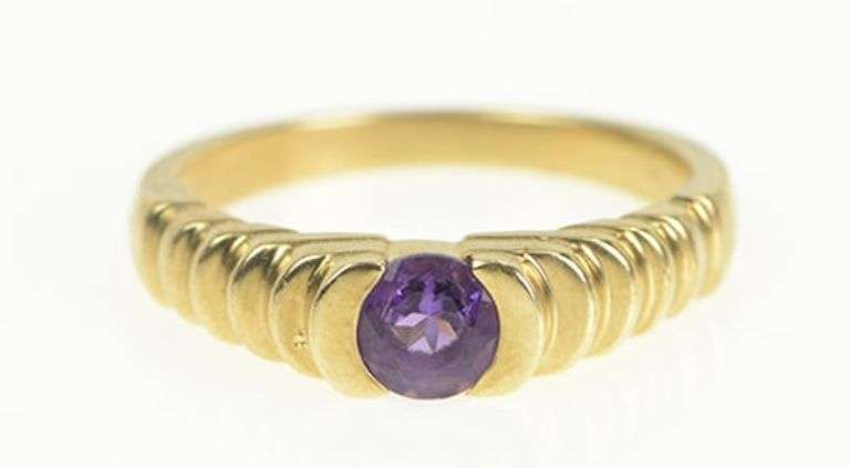 14K Yellow Gold Round Amethyst Vintage Scalloped Statement Ring