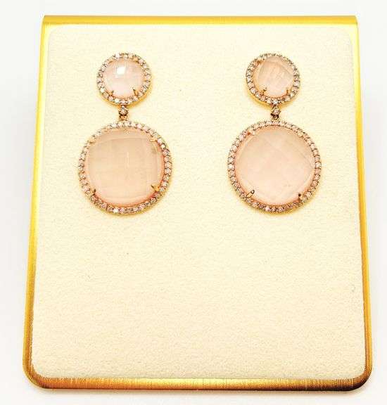 Polished 18k Yellow Gold Rose Quartz Earrings with Diamond studs