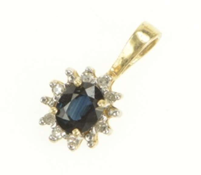 10K Yellow Gold Oval Natural Sapphire Diamond Halo Classic Pendant