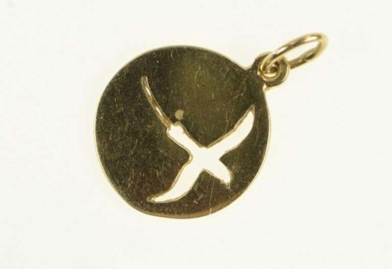14K Yellow Gold Bermuda Long Tail Bird Cut Out Round Charm/Pendant
