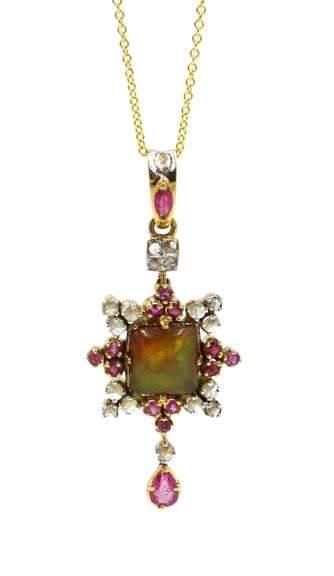 Luxurious 1.75ctw Opal, Ruby, and Diamond Pendant in 14K