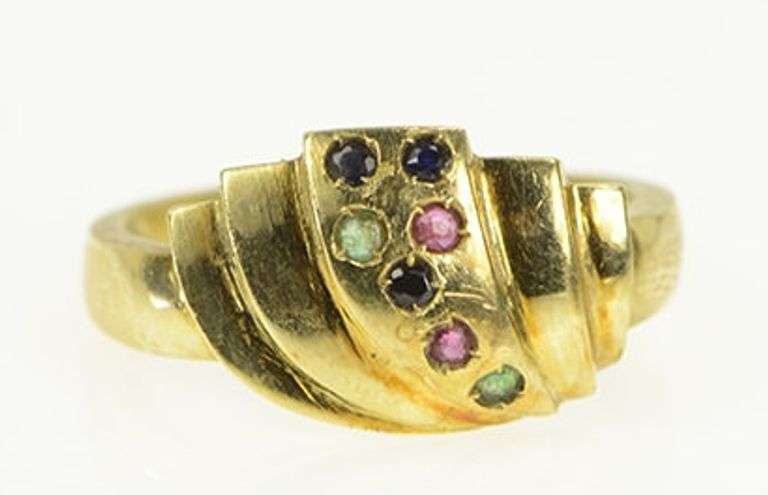 14K Yellow Gold Natural Emerald Ruby Sapphire Scalloped Band Ring