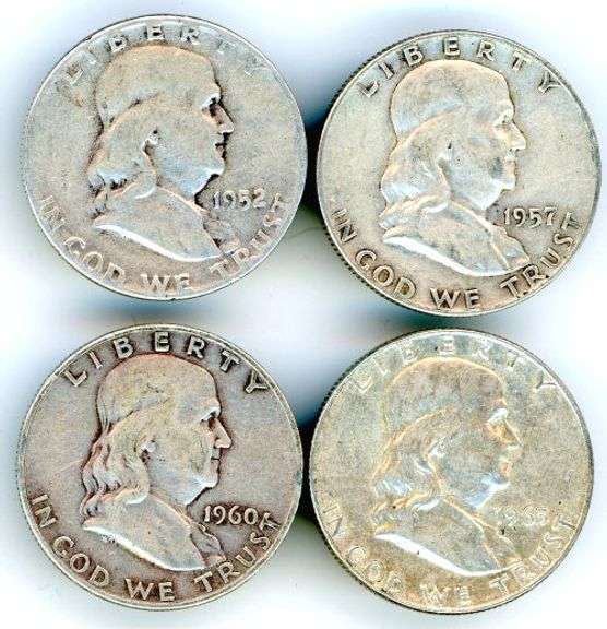 4 Different Silver Franklin Half Dollars 1952-1963-D