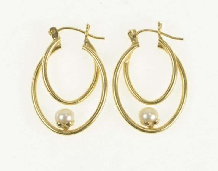 14K Yellow Gold Pearl Oval Vintage Beaded Statement Hoop Earrings