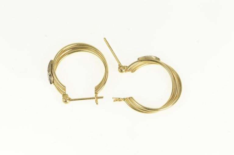 14K Yellow Gold Diamond Twist Design Vintage Statement Hoop Earrings