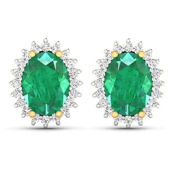 14 Kt Solid Yellow Gold Emerald & Diamond Earrings