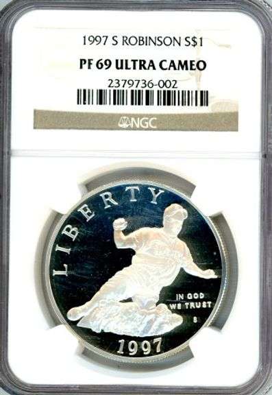 1997-S Proof Jackie Robinson Commemorative Silver Dollar in NGC PF69 Ultra Cameo