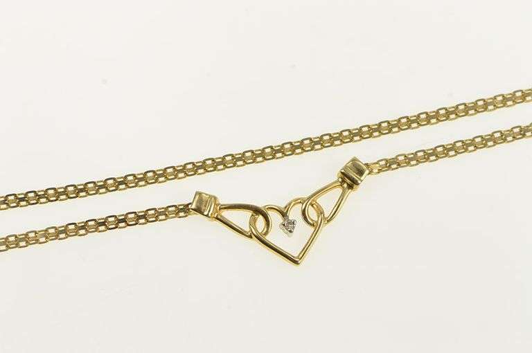 14K Yellow Gold Diamond Heart Valentine Squared Chain Vintage Necklace