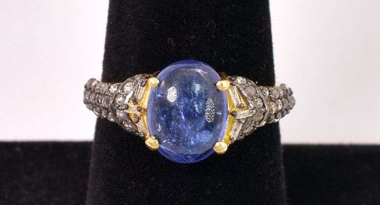 Captivating 2.60CTS Cabochon-Cut Star Tanzanite & 0.32CTW Diamond Ring in Gold Plated Sterling Silver