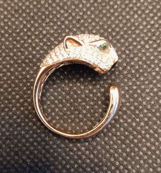 WOMEN'S 14K PAVE DIAMOND PANTHER RING WITH 1.15 CT OF NATURAL DIAMOND AND 2 EMERALDS 0.04CT