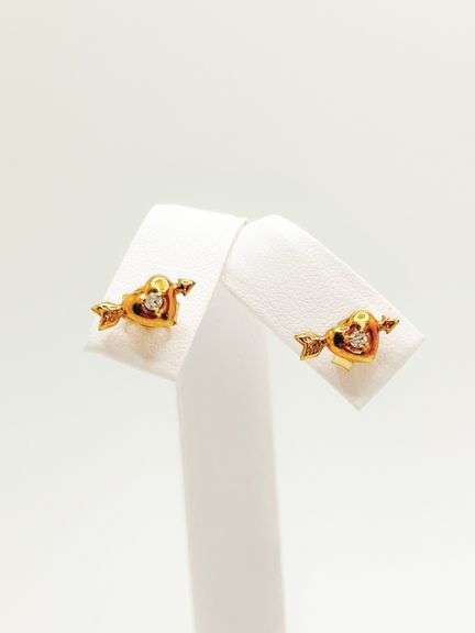 2 Earring Sets 18k Yellow Gold- Diamond Heart with Arrow and Dark Blue Tanzanite Butterflies