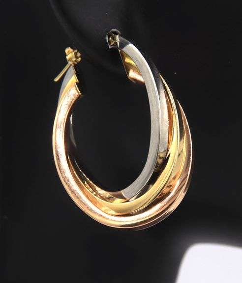 Wonderful 3 Tone Gold Cross over Hoop Earrings