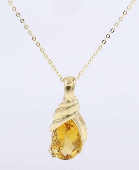 Charming Yellow Gold Pear Shaped Citrine Pendant on Chain
