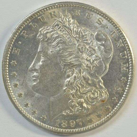 Flashy-white BU 1897-S Morgan Silver Dollar. Semi-key date