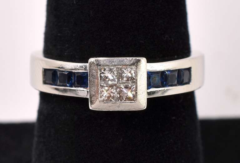 Stunning Diamond And Blue Sapphire Ring In 14K White Gold