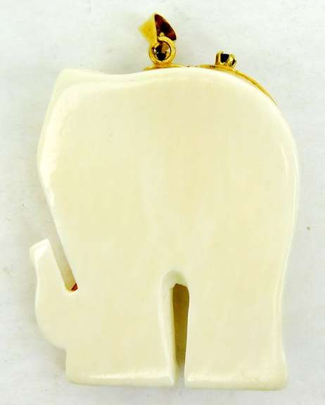 14K Carved Bone Elephant Pendant, Emeralds, Rubies, Sapphires