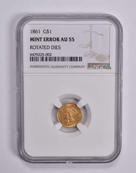 Error AU55 1861 $1 Indian Princess Head Gold Dollar Rotated Dies NGC