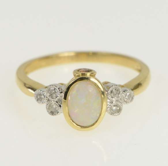 10K Yellow Gold Natural Opal Diamond Pink Sapphire Engagement Ring