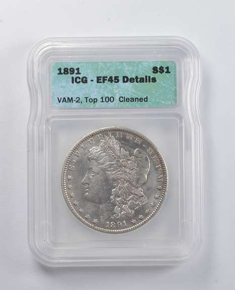 EF45 Details 1891 Morgan Silver Dollar VAM-2 Top 100 Cleaned ICG
