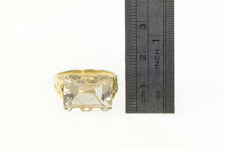 14K Yellow Gold Emerald Cut Rutilated Quartz Ornate Cocktail Ring
